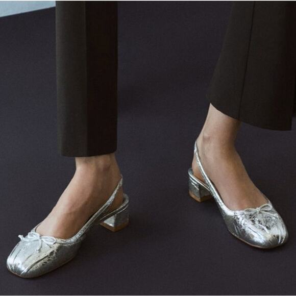 MANGO Metallic Silver Slingback Heels NWT | Bow Block Heel 8.5 / 39 - Picture 5 of 13